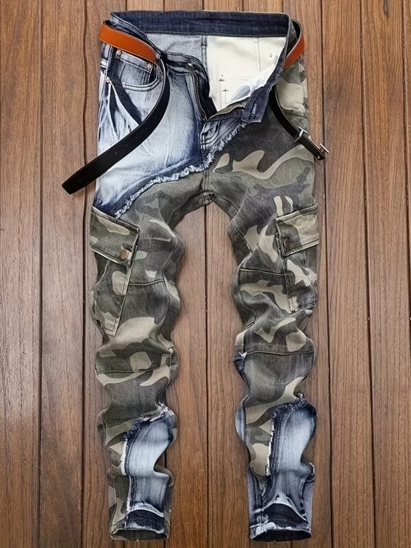 product-fancy-2498a3aa-a3eb-498e-8570-c9a45360b62f Camouflage Patchwork Cargo Stretch Jeans with Multiple Pockets