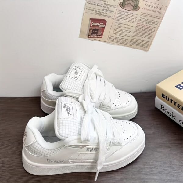 Women's Low-Top Sneakers - White Lace-Up Shoes, Synthetic Cover Upper & Non-Slip Rubber Sole, Cushioned Interior for Everyday & Formal Wear - All-Season Comfortable Casual Shoes for Women