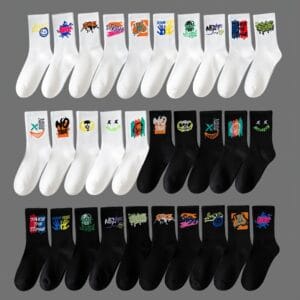 product-fancy-271b66c9-3cfa-4f60-9ae7-71ad6ad2ed75 20 Pairs, 10 Pairs, 5 Pairs - Random Color Letter Print Socks, Stylish Mid-Calf Athletic Socks for Basketball, Outdoor & Casual Wear, Polyester Knit Fabric, Hand Washable, Everyday Socks | Vibrant Sock Design | Comfortable Fit