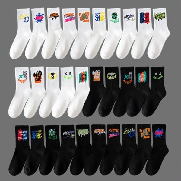 20 Pairs, 10 Pairs, 5 Pairs - Random Color Letter Print Socks, Stylish Mid-Calf Athletic Socks for Basketball, Outdoor & Casual Wear, Polyester Knit Fabric, Hand Washable, Everyday Socks | Vibrant Sock Design | Comfortable Fit