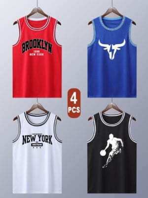 4pcs Men'S Breathable Polyester Tank Tops with Geometric Design - Red, Blue, White, Black, Casual Sportswear for Spring/Summer/Fall, Regular Fit, Crew Neck, Slight Stretch Fabri