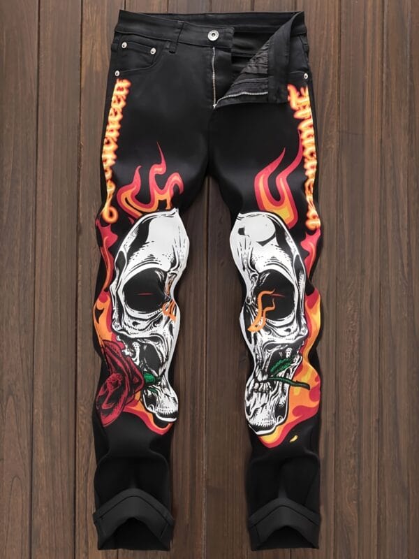 product-fancy-28998b42-c14a-419d-99ff-ce3fa77d11c5 Men'S Slim-Fit Stretch Denim Jeans with Bold Skull & Flame Print - Black, Regular Length, All-Season Comfort, Casual Streetwear Style, Allseason Jeans | Edgy Streetwear | Stretch Denim Fabric