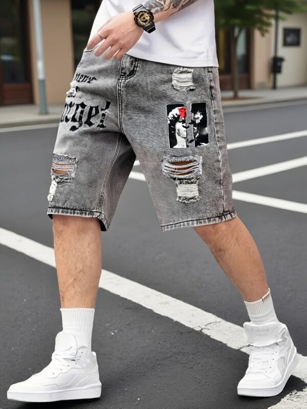 product-fancy-294a7ed9-032e-4f63-88e5-4880b7dfd622 Men's Summer Lightweight Denim Shorts - Knee-Length Relaxed Fit Distressed Casual Shorts with Portrait Print, 52% Blend, Hand Wash Only