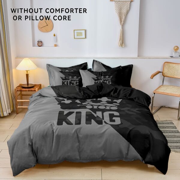 3pcs Soft & Breathable Polyester Duvet Cover Set - King & Crown Print, Includes 1 Duvet Cover and 2 Pillowcases, Perfect for Bedroom & Guest Room, Machine Washable