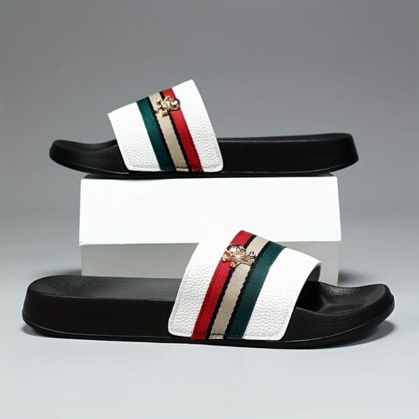 Men's Casual Slip-On Sandals with Striped Design & Metallic Buckle - Upper, EVA Cushioned Sole for Beach, Hiking, Daily Wear - All-Season Comfort, Strappy Sandals, Hiking Footwear, Modern Footwear, Durable Construction, Outdoor EnthusiastsSuitable for men & women