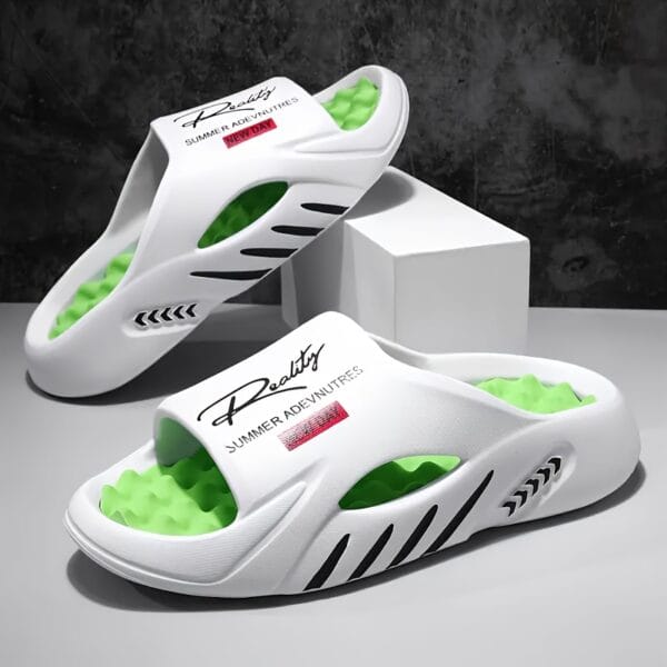 Mrs Hui Men's Summer Casual Beach Sandals - Slip-On Anti-Slip EVA Slippers with Massage Design, Black & Orange Stripes, Lightweight Durable for Outdoor, Poolside & Casual Wear, Beach Shoes, Outdoor Footwear, Sleek Slipon, Comfortable LiningSuitable for men & women