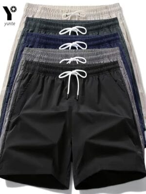 5 Color Pack Black-Gray-Navy-Army Green-Beige Men'S Casual Loose Sports Quick Dry Shorts with Elastic Waistband And Drawstring Fitness Training Shorts Men'S Lightweight Sports Running Shorts with Pockets