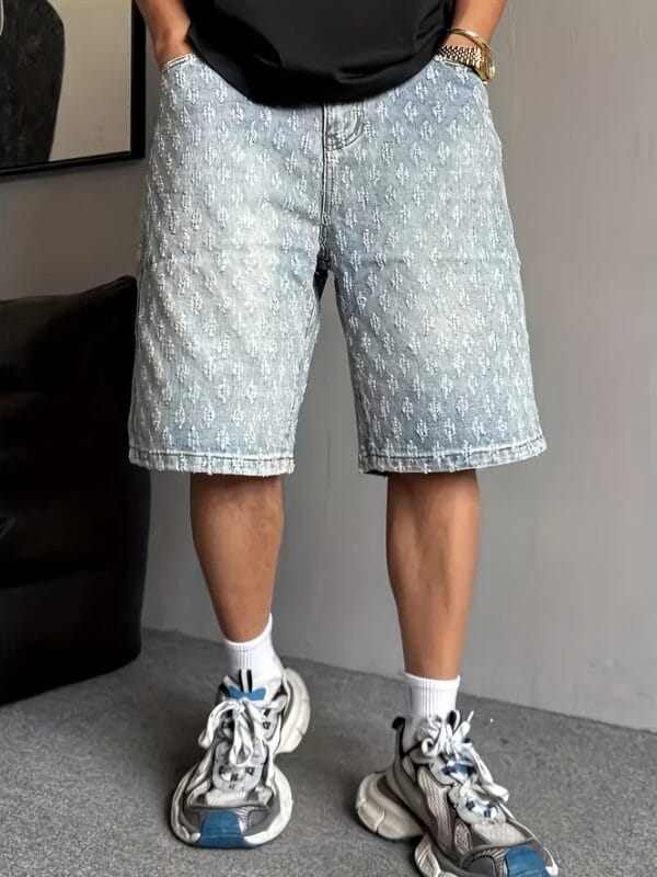 Men's Non-Stretch Jeans Shorts - Mid-Length Vintage wash, Streetwear Cargo-like functional pockets, Machine Washable Denim Shorts for Spring/Fall Casual Outfits (Men's Fashion), Fall Wardrobe, Relaxed Fit, Textured Design, Urban Style