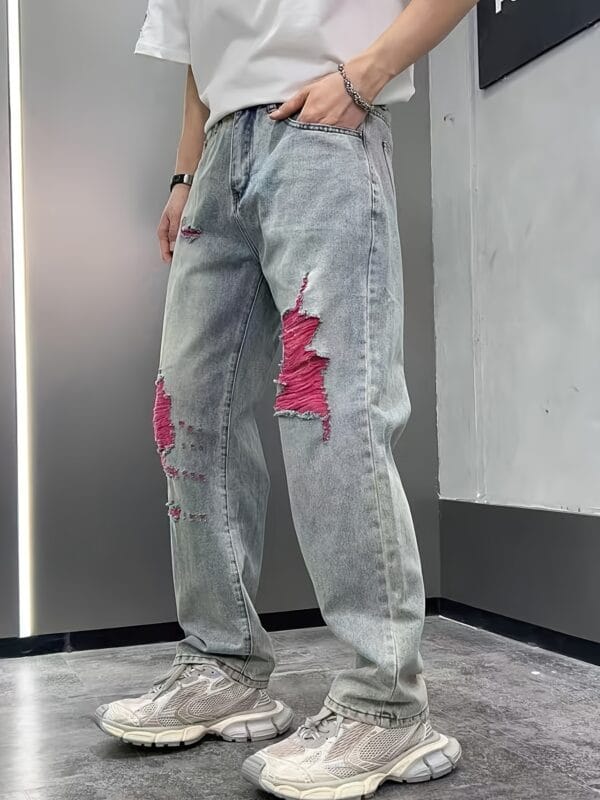Men's Vintage Distressed Jeans - Non-Stretchy Straight-Leg Relaxed Fit Pants with Washed-Out Blue Denim Look, Machine Washable Streetwear for Casual Outfits & Concerts - Edgy Retro Jeans for Casual Attire, Denim Jeans, Concert Attire, Nonstretch Fabric