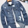Men'S Distressed Denim Shirt - Blue Washed Jean Look, Casual Street Style, Non-Stretch Fabric, Regular Fit for Spring/Fall