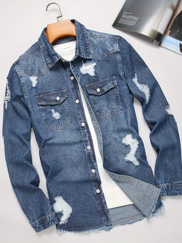 Men'S Distressed Denim Shirt - Blue Washed Jean Look, Casual Street Style, Non-Stretch Fabric, Regular Fit for Spring/Fall