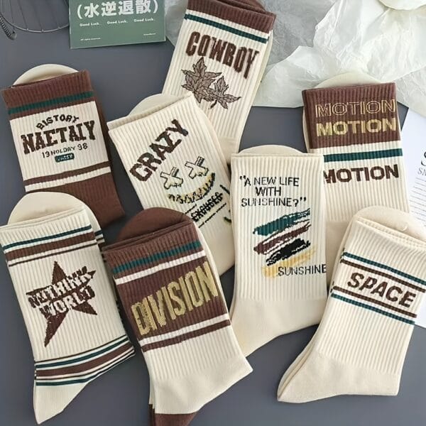 4/8 Pairs Retro Letter Print Casual Socks for Men & Women - Mid-Calf Athletic Socks with Bold Graphic Design, Breathable Polyester, Hand Wash/Dry Clean, Vintage Style for Casual Attire, Socks, Everyday Footwear, Stylish Lettering, Durable Socks, Comfortable Sock Material, Everyday Essentials, Sporty Look, Soft Sock Material, Unisex Socks, Casual Wearers