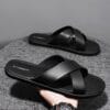 Men's 2025 All-Season Retro Cross-Strap Slide Sandals - Lightweight Non-Slip Durable PVC & EVA Cushioned Casual Indoor/Outdoor Slippers with Cross-Strap Design, Black, Everyday Footwear | Minimalist Shoe Design | Antislip Sole, Indoor Slippers