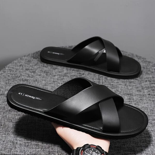 Men's 2025 All-Season Retro Cross-Strap Slide Sandals - Lightweight Non-Slip Durable PVC & EVA Cushioned Casual Indoor/Outdoor Slippers with Cross-Strap Design, Black, Everyday Footwear | Minimalist Shoe Design | Antislip Sole, Indoor Slippers