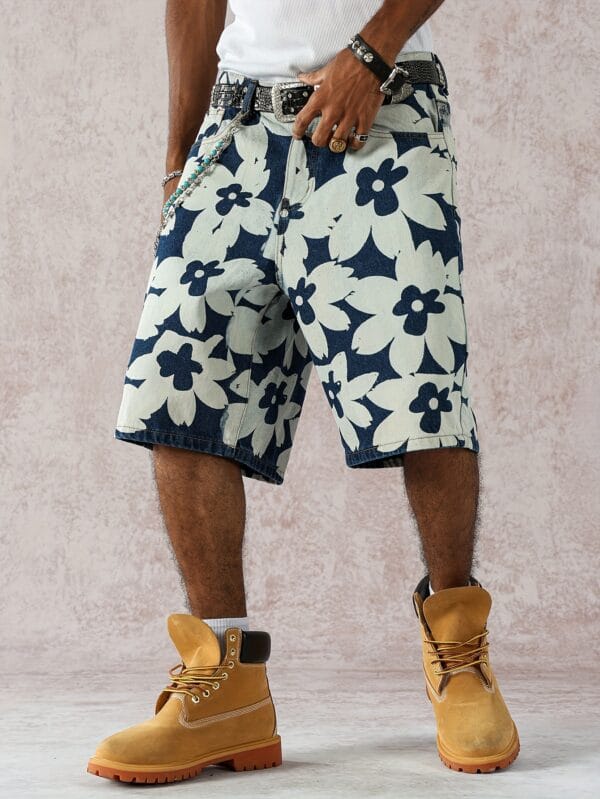 product-fancy-31bd8a3e-7bdf-4ba3-bc33-92141d3e9a2c Men'S Stylish Versatile Summer Non-Stretch Wide-Leg Faux Denim Shorts with Fashionable Front And Back Prints.