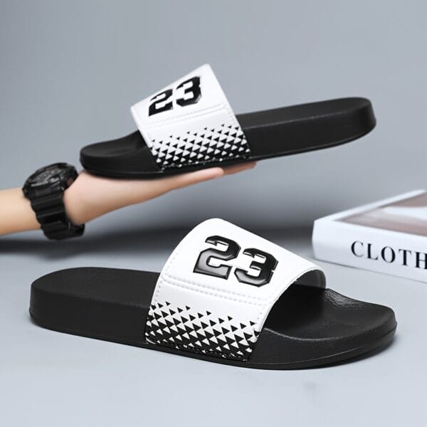 product-fancy-31ecc7c2-cb9a-4367-ae88-0e9233474621 Men's Retro Streetwear Slip-On Sandals - Anti-Slip EVA Foam Casual Shoes with Checkerboard Pattern & Bold '23' Design, Black/Red Colorway for Indoor/Outdoor Use in Spring Summer Fall, Versatile Footwear, Slipresistant Footwear, Indoor Slippers, Urban Style, Durable Footwear, Antislip Soles, Casual Attire