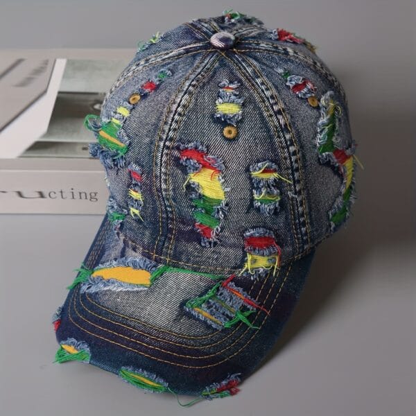 product-fancy-32c2269f-92ae-4718-a718-bebd38a758d0 Retro Distressed Washed Denim Baseball Cap - Adjustable Snapback Korean Street Fashion Hat with Random Torn Holes, Breathable Summer Sun Hat for Men & Women