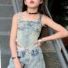 Fashionable Summer Denim Outfit for Girls, Featuring a Trendy Two-Piece Set with Wide-Leg Pants And a Camisole, for Outdoor