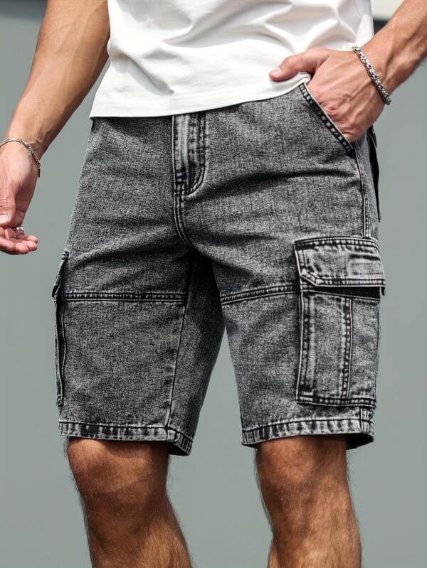 Men's Non-Stretch Jeans Shorts - Multiple Utility Pockets, Straight-Leg Non-Stretchy Fit, Machine Washable Everyday Casual Streetwear Shorts in Classic Black/Gray for Urban Outfits, Relaxed Outfit, Knee Length Design, Durable Fabric, Versatile Clothing, Minimalist Fashion, Sturdy Construction, Young Adults