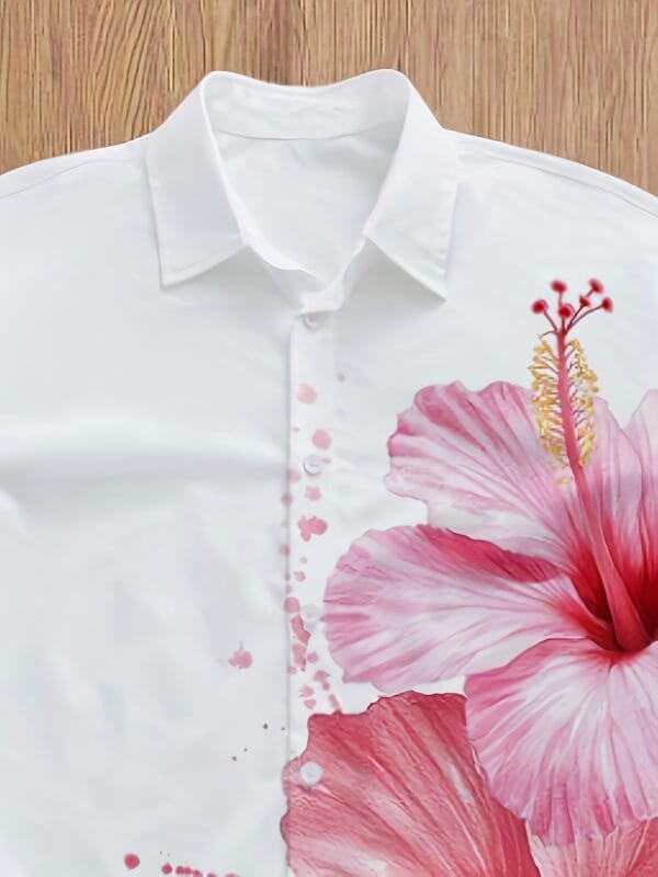 Men's Summer Shirt - Loose Fit Button-Up Casual Shirt with Floral Hibiscus Print, Non-Transparent Fabric for Beach Vacation, Office & Casual Attire - Machine Washable Lightweight Formal & Everyday Attire, Shirts for Summer, Vacation Clothing, Contrast Color Design, Durable Material, Vacation Wardrobe