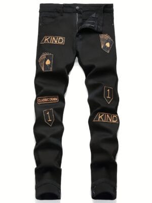 product-fancy-34086916-dff7-4017-945a-29aea02532f4 Men'S KING Black Denim Jeans with Golden Lettering - Casual Regular Fit, Washed Blue Jean Style, Comfortable All-Season Wear, Everyday Jeans|Washed Denim Jeans|Durable Jeans