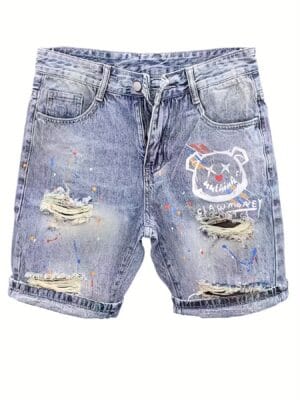 product-fancy-349c3d8a-c9a3-4bea-9aa0-667c07437eb3 Men's Casual Distressed Denim Shorts with Geometric Bear Graphic Print - Knee-Length Mid-Thigh Regular Fit, Machine Washable & Functional Pockets for Summer Streetwear, Shorts Jeans, Streetwear Fashion, Warm Weather Clothing, Urban Street Style, Durable Construction, Street Style Lovers