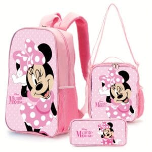 GUSTELL 3pcs Set Backpack, Unisex Laptop Bag with Pink Minnie Mouse Design, Includes Small Pouch and Box, Perfect for Travel, Camping, Street Style, Adjustable Shoulder Straps, Comfortable Padding, Portable Everyday Carry, Minnie & Mickey Elements, for Teenager