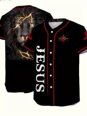 Men's Lion & Letter Print Baseball Jersey Shirt for Party/match/outdoor