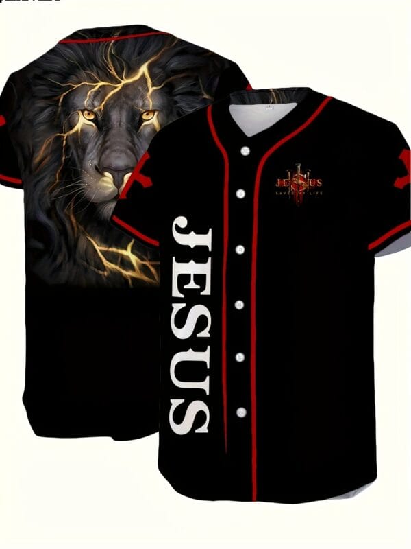 Men's Lion & Letter Print Baseball Jersey Shirt for Party/match/outdoor