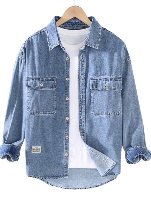Men'S Casual Denim Shirt - Solid Color Washed Blue, Non-Stretch Fabric, Classic Collar & Chest Pockets, Regular Fit Spring/Fall Style, Adult Sizes, Spring Fall Attire, Mature Style Shirt, Nonstretch Material