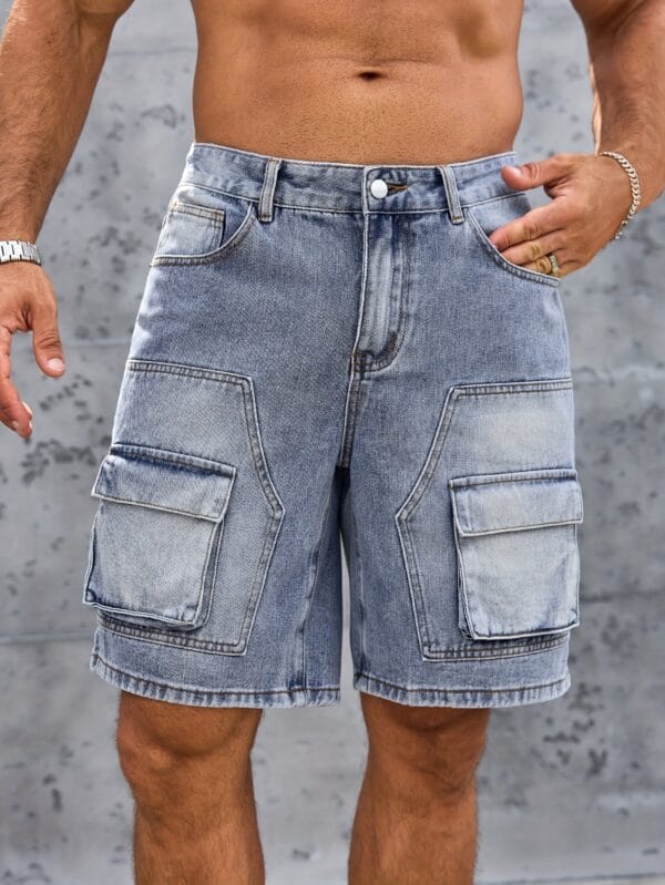 Men'S Casual Denim Cargo Shorts with Multiple Pockets - Loose Fit, Knee-Length, Light Blue, Non-Stretch Fabric, Perfect for Casual Attire, Party Shorts|Pocketed Shorts|Woven Texture