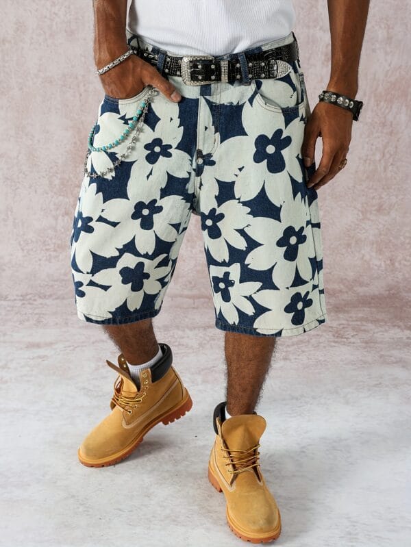 product-fancy-382cff75-265d-44c1-bd1c-7bef11ac3be0 Men'S Stylish Versatile Summer Non-Stretch Wide-Leg Faux Denim Shorts with Fashionable Front And Back Prints.