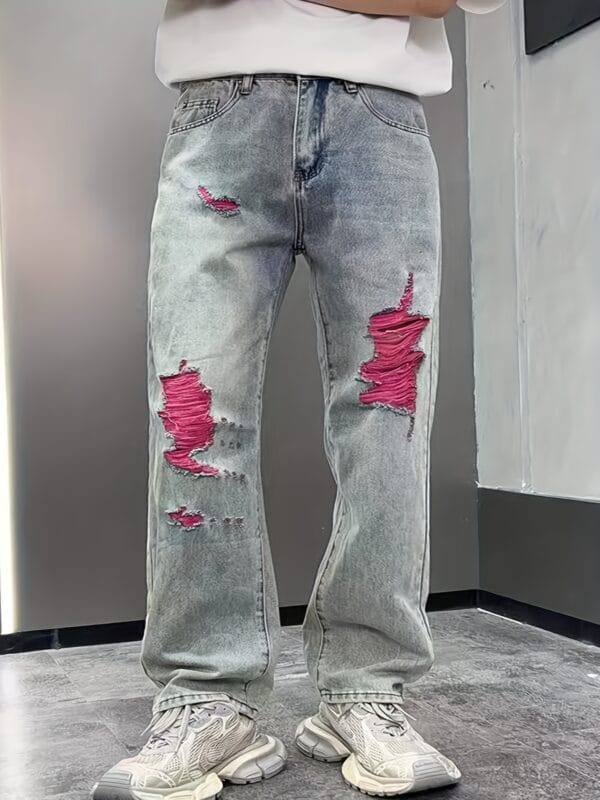 Men's Vintage Distressed Jeans - Non-Stretchy Straight-Leg Relaxed Fit Pants with Washed-Out Blue Denim Look, Machine Washable Streetwear for Casual Outfits & Concerts - Edgy Retro Jeans for Casual Attire, Denim Jeans, Concert Attire, Nonstretch Fabric