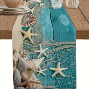 Jit1pc Vintage Blue Beach-Themed Tablecloth, Featuring Fishing Nets, Shells, And Starfish - Ocean Kitchen And Dining Table Decor, Rectangular Polyester Table Decoration, Suitable for Parties, Festivals, Or Coastal-Style Settings, Coastal Table Decor | Shell Centerpiece Decoration