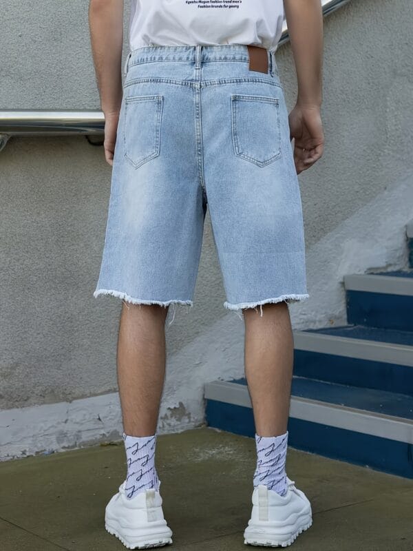 Men's Light Blue Denim Shorts - Non-Stretch Mid-Length Jeans with Frayed Edges & Pre-Worn Look, Button Closure Loose Fit Casual Streetwear for Everyday Outfits - All-Season Non-Stretch Jeans Shorts, Relaxed Style, Vintage Aesthetic, Quality Stitching, Urban Style