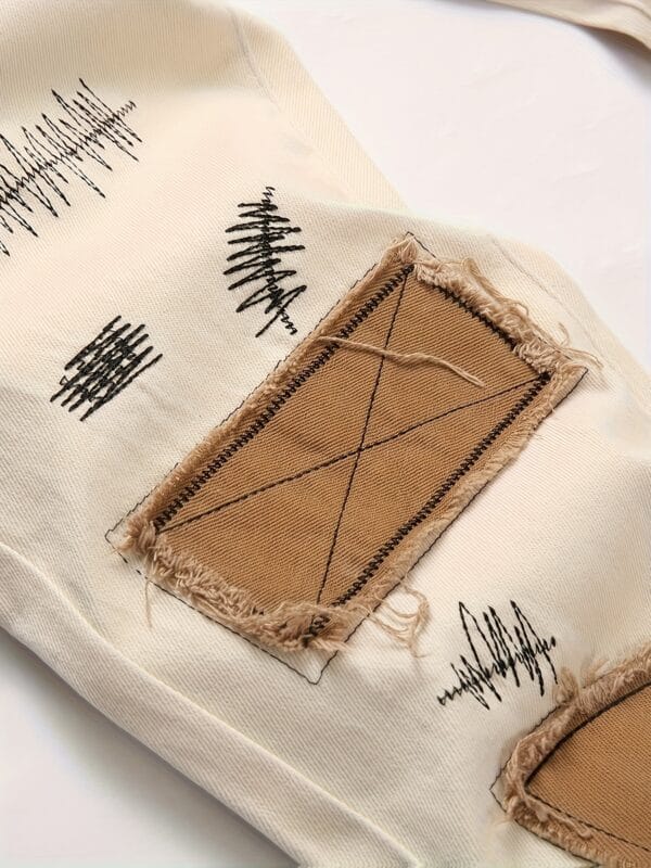 product-fancy-3a7f052b-de9b-42ad-bfe0-5705a817708f Men'S Slim-Fit Stretch Denim Jeans with Color-Block Brown Patches & Distressed Details - Casual Spring/Fall Trousers, Regular Length, Light Beige & Brown Contrast Design, Spring Fall Attire, Fashionforward Style, Durable Fabric