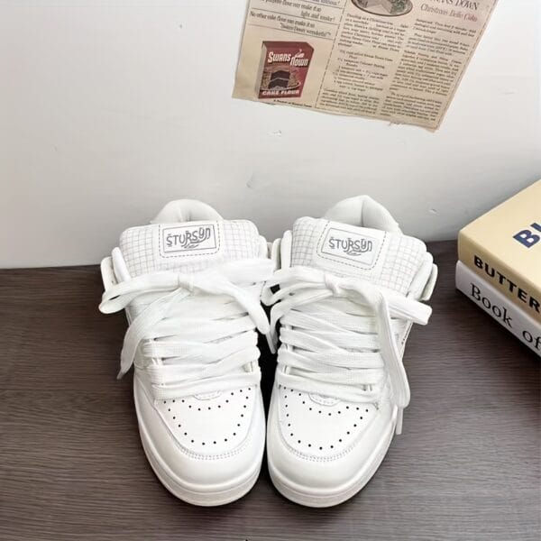 Women's Low-Top Sneakers - White Lace-Up Shoes, Synthetic Cover Upper & Non-Slip Rubber Sole, Cushioned Interior for Everyday & Formal Wear - All-Season Comfortable Casual Shoes for Women