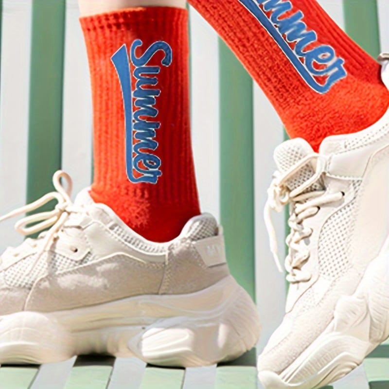 5 Pairs Men'S Elastic Ribbed Cuff Socks - Bold Letter Graphic Print, All-Season Comfort, Multi-Color Options for Casual & Formal Wear, Hand Wash Only, Versatile Sock Styles, Trendy Sock Designs, Comfortable Sock Material, Everyday Essentials, Modern Sock Design, Breathable Fabric, Unisex Socks, Fashion Enthusiasts