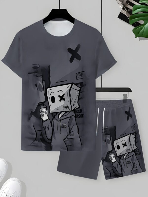 product-fancy-3b1b6972-359e-4755-99db-ebab08072a73 Men'S Summer Cartoon Boxing Print Casual Outfit - Breathable Polyester Short Sleeve T-Shirt & Shorts, Machine Washable, Regular Fit Streetwear for All Seasons, Allseason Apparel | Playful Print Tee | Machine Washable Fabric, Boxer Shorts