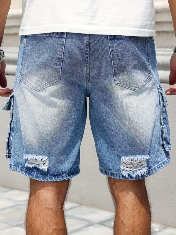 Men'S Loose-Fit Distressed Denim Shorts with Multiple Pockets - Casual Streetwear Style, Non-Stretch Fabric, Light Blue Washed Finish, Perfect for Summer Outings, Summer Shorts | Streetwear Shorts | Nonstretch Fabric