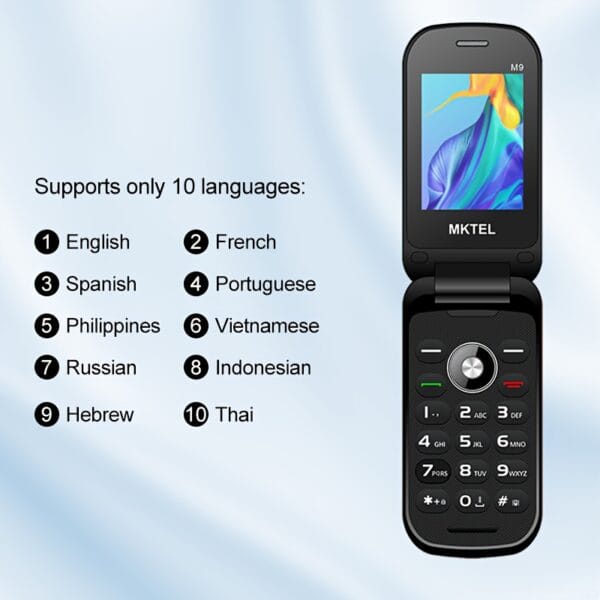 product-fancy-3cdec54b-8a09-4bf1-976f-6f8022b46550 MKTEL M9 Function Phone with 2.4-inch Screen, Dual SIM Card, 800mAh Battery, FM Radio/MP3, 0.08MP Camera and Large Keyboard for Seniors, Supports 10 Languages: English | French | Spanish | Portuguese | Russian | Vietnamese | Thai | Indonesian | Hebrew | Filipino