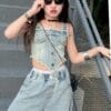 Fashionable Summer Denim Outfit for Girls, Featuring a Trendy Two-Piece Set with Wide-Leg Pants And a Camisole, for Outdoor