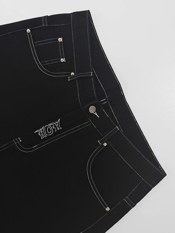 Skull Embroidered Loose Denim Shorts, Letter Embroidery Jeans, Street Style Retro Fashion Denim Shorts