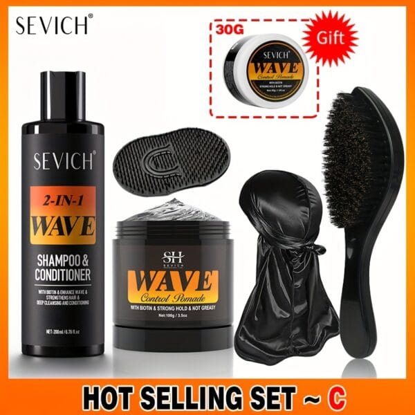 SEVICH 360 Wave Training Hair Cream Paste for Men, with Silky Durag & Comb, Shampoo and Conditioner 2 in 1, Deep Cleaning, Strengthens Hair, Strong Hold, Glycerin, for Normal Hair Style, Travel, Men'S Gift