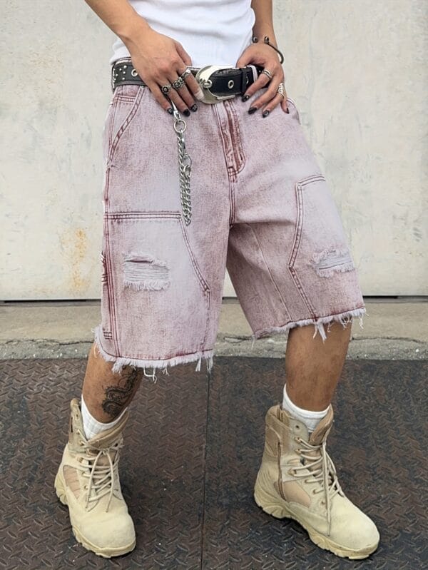 Men's Loose Fit Distressed Denim Shorts with Raw Hem & Flap Pockets - Knee-Length Street Style, No Belt/Accessories Included, Jean Shorts, Casual Outerwear, Patchwork Detailing, Solid Color Design