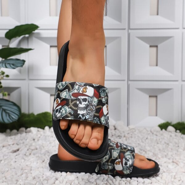 Unisex Black Slip-On Slippers with Skull & Money Print - Lightweight EVA Indoor/Outdoor Casual Shoes for Men & Women, All-Season Comfortable Beach Sandals, Summer Footwear, Adventurous Style, Breathable Fabric Lining, Indoor Footwear, Trendy Footwear, Durable Sandals, Slipresistant Footwear, Home Footwear