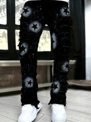 Men's Slim-Fit Straight-Leg Jeans - Layered Fringe Hem Trousers, Machine Washable All-Season Streetwear Pants for Urban Fashion Outfits, Casual Wear, Slim Fit, Stylish Detailing, Printed Design, Young Adults