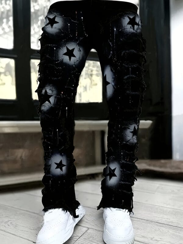 Men's Slim-Fit Straight-Leg Jeans - Layered Fringe Hem Trousers, Machine Washable All-Season Streetwear Pants for Urban Fashion Outfits, Casual Wear, Slim Fit, Stylish Detailing, Printed Design, Young Adults