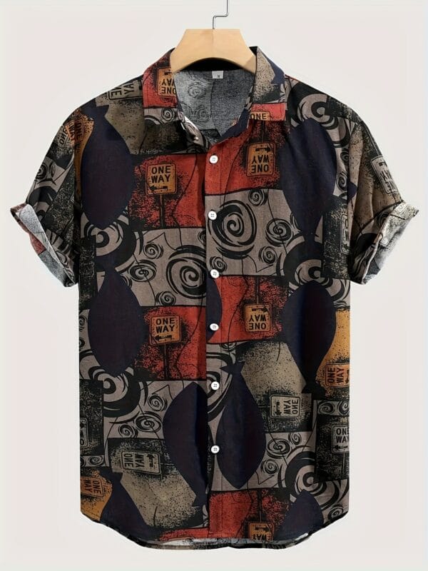 Men'S Color Block Geometric Print Short Sleeve Shirt - Casual Button- Lapel Collar, Breathable Blend Fabric, Loose Fit for Summer Outdoor Activities, Short Sleeve Tops