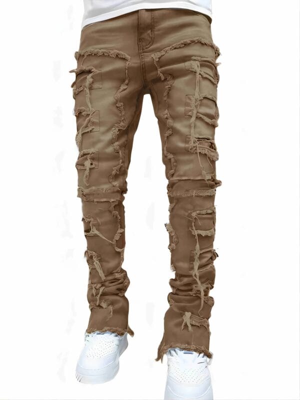 product-fancy-4484a84a-6ac7-47e7-aa14-2b6b130024aa Men'S Slim-Fit Stretch Faux Denim Faux Denim with Embroidered Rips - Casual Light Blue Washed Faux Denim, Medium Stretch, Regular Length, All-Season Comfort Fit, Comfortable Clothing | Embroidered Faux Denim | Medium Stretch Fabric